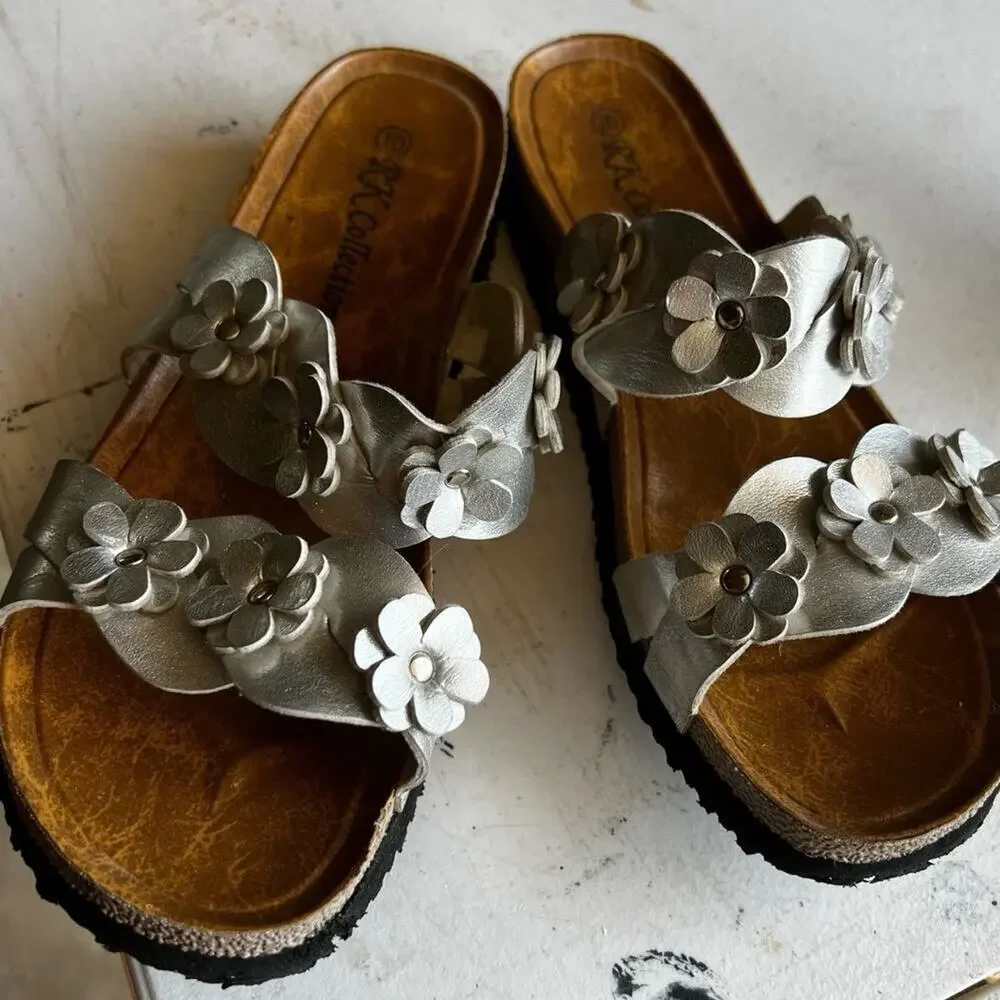RK Collection Sandals Silver, Slide In with Flowers, Women's size 10